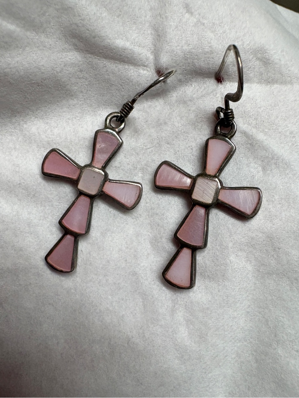 Vintage 925 Sterling Silver Pink Mother of Pearl Inlay Cross Earrings
